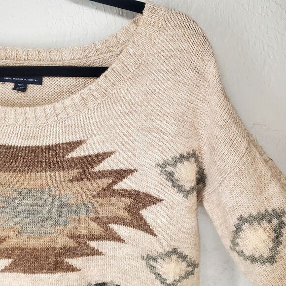 AEO American Eagle Neutral Aztec Southwest Knit Sweater Wool Blend Size Medium - Picture 3 of 7